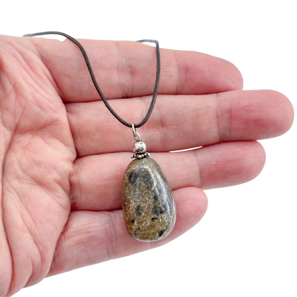 Vintage Sterling Silver Jasper Pendant Leather Cord Necklace 16-18"